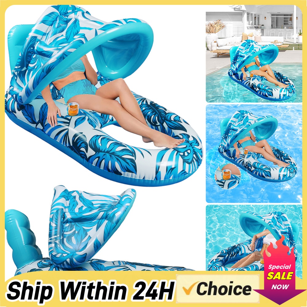 Pool Lounger Inflatable - PVC製の浮き輪、日よけ付きの浮き椅子、空気を入れて膨らませるタイプのマットレス、プール用浮き具、カップホルダー付きの水上ハンモック。