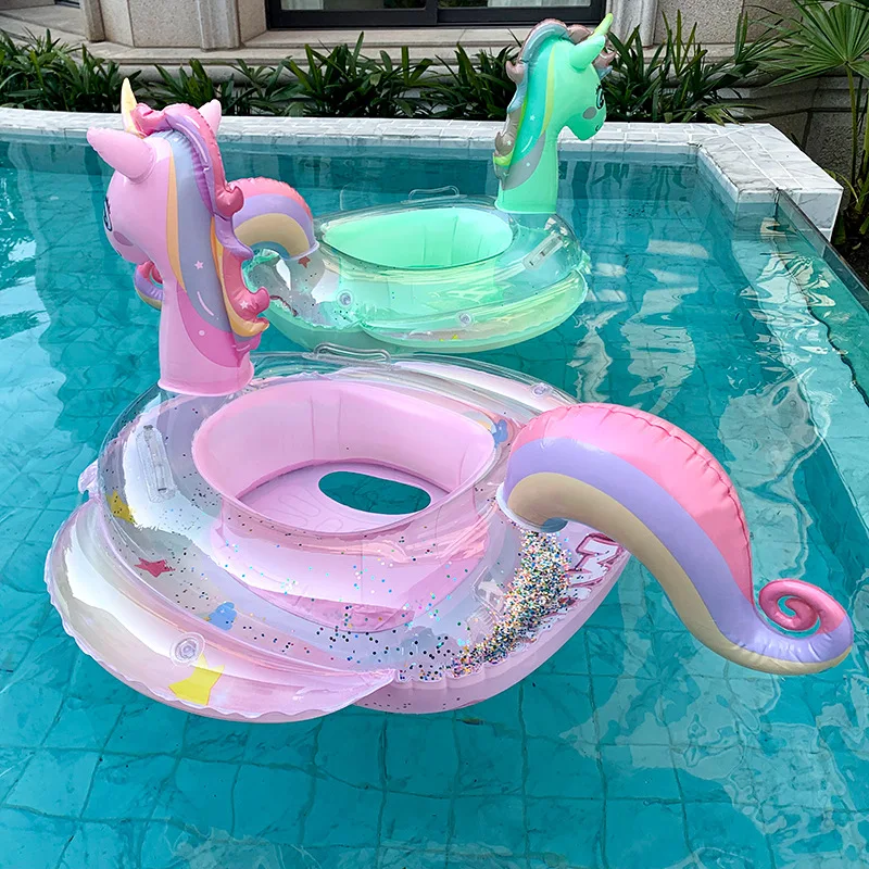 Pool Float Ring Inflatable - 子供のためのユニコーン型のインフレータブルブイ,レインボーとスパンコールの組み合わせ,子供のフローティングおもちゃ