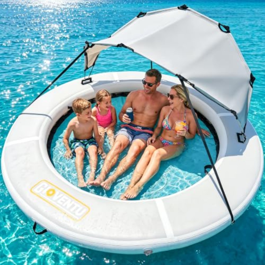 Pool Float Ring Inflatable - 8フィートのインフレータブルウォーターハンモックフロートリング、湖やプールで使用可能、頑丈なPVC素材、青色、UPF 50+のキャノピーと冷却機能付き