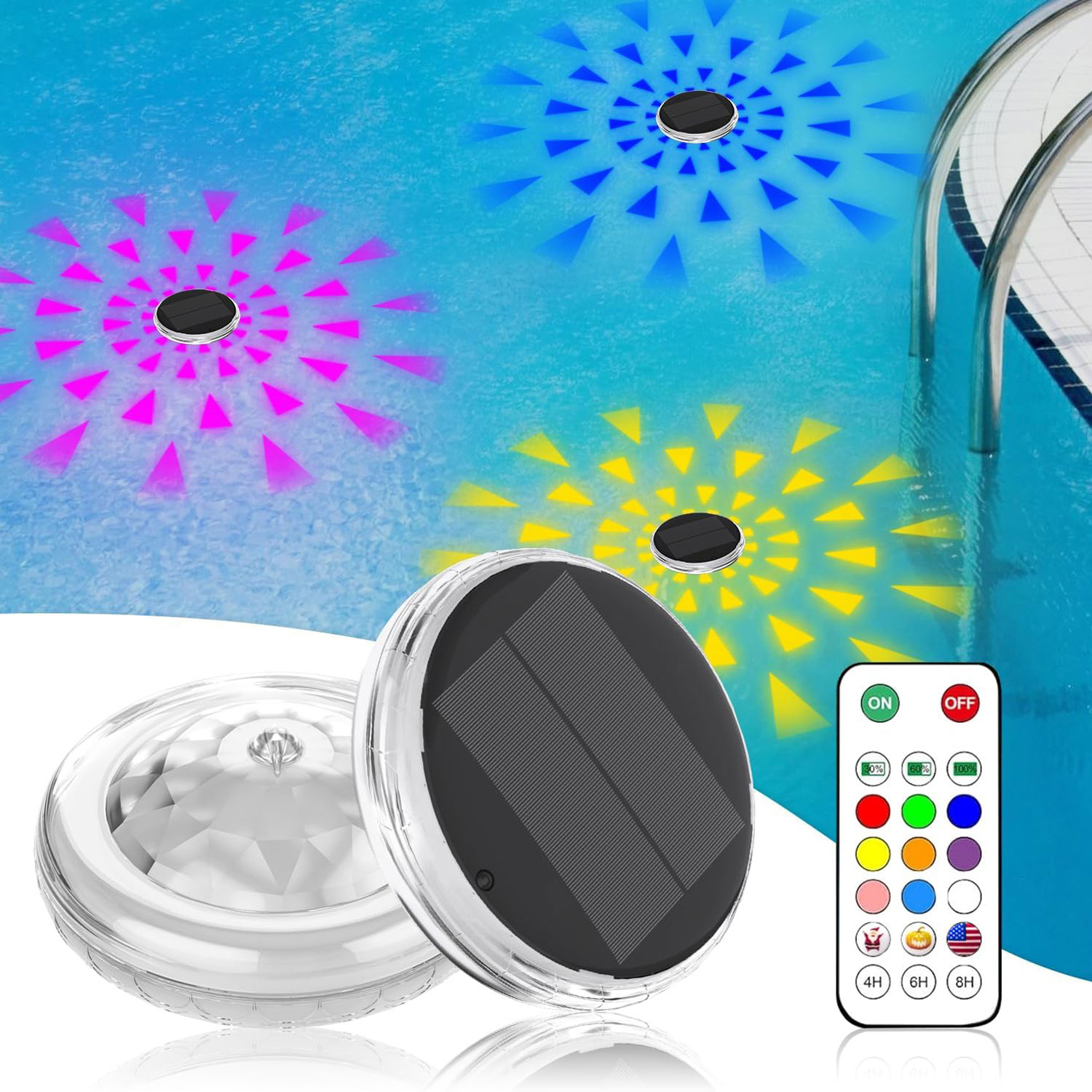 Pool Light Solar Rechargeable - プールライト、ソーラー充電式フローティング、リモコン付きフローティングプールライト、モード9照明タイミングモードIP67防水