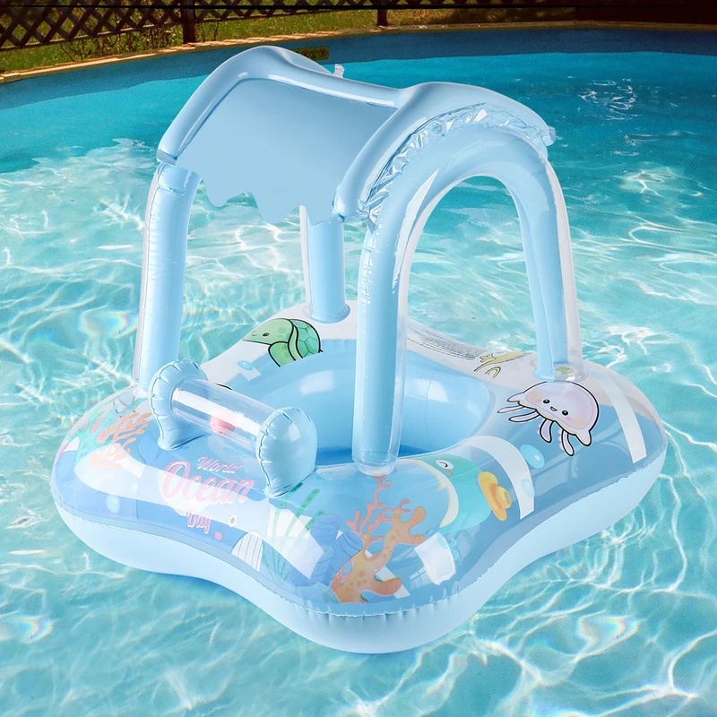 Pool Float Ring Inflatable - 日よけ付きのインフレータブルプールフロート、快適な水上浮き輪、屋外での夏のプールパーティーに最適なビーチおもちゃ。