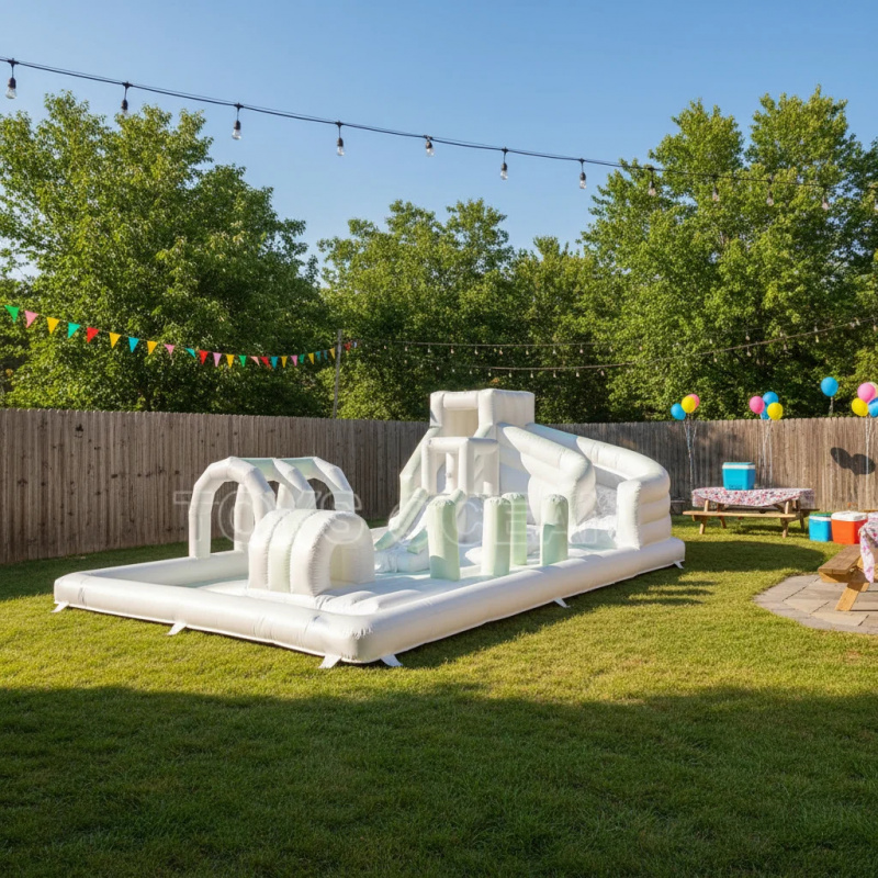 Water Slide Inflatable - 商業用インフレータブル水上障害物コース（スライドとプール付き）、子供向けパーティーレンタル用パステルホワイトグリーンのバウンスキャッスル